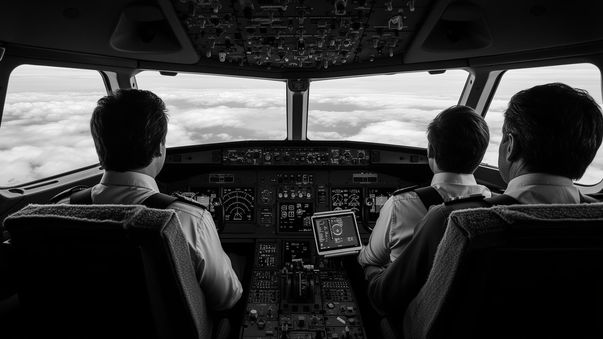 Two commercial airline pilots in the cockpit using iPad-based Electronic Flight Bags