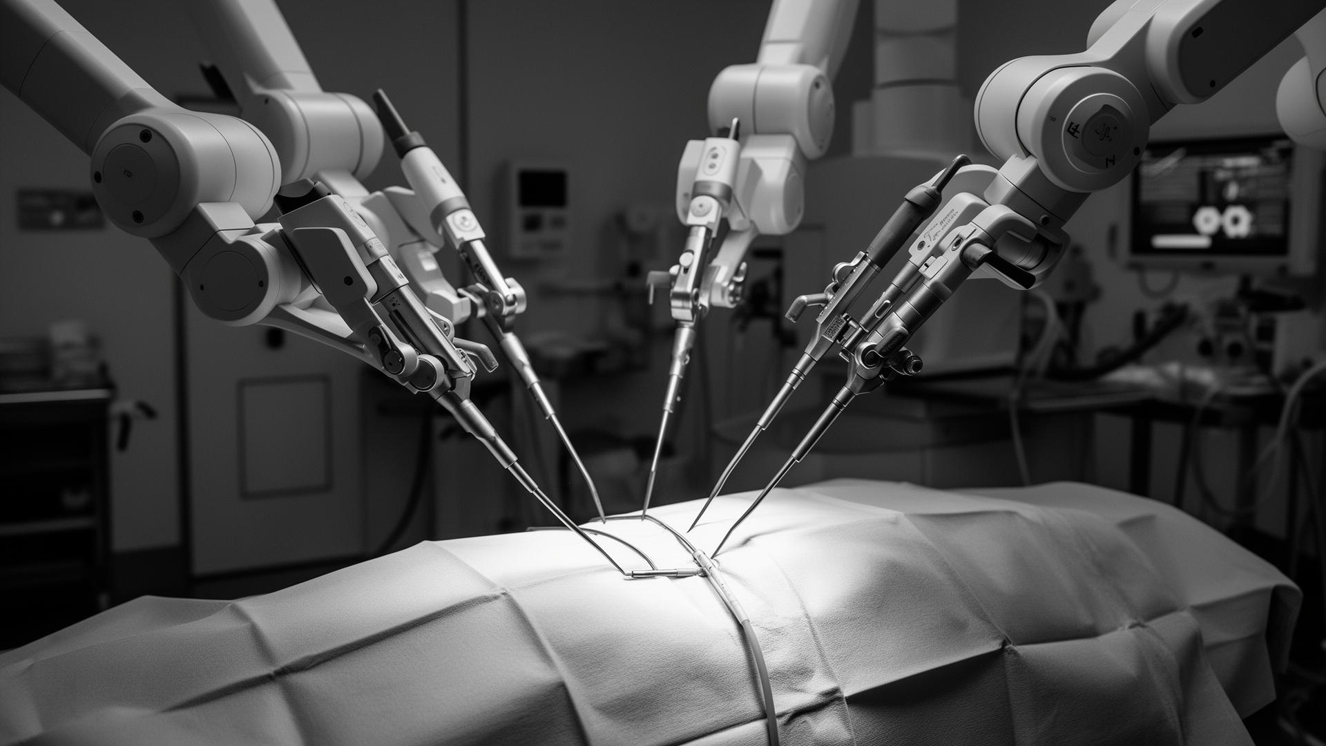 Robotic surgical system arms above a patient drape