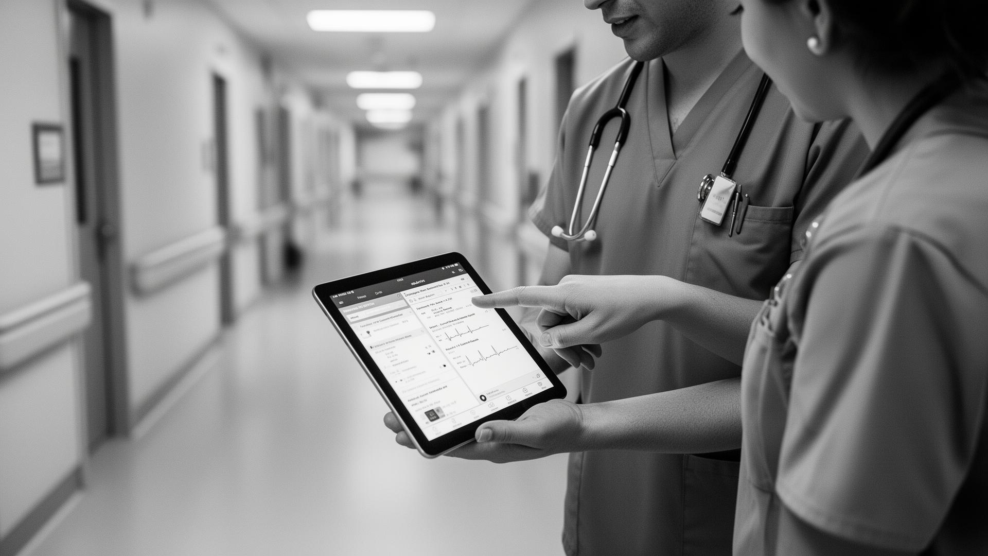 Clinicians reviewing a patient record on a tablet