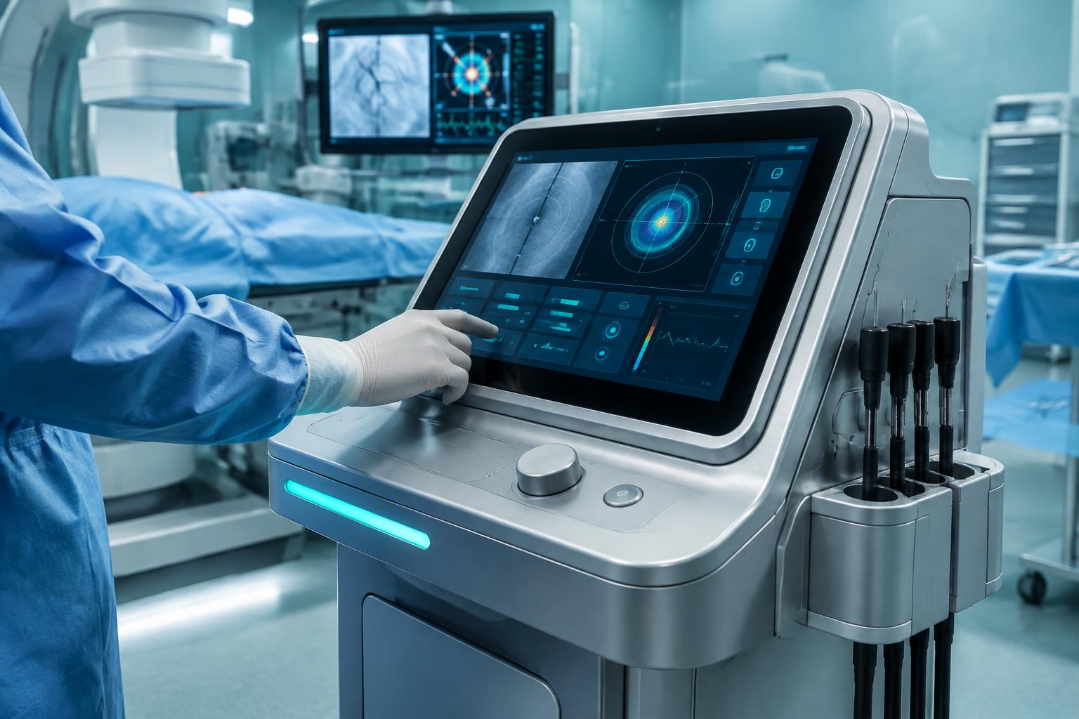 Illustrative unbranded ablation console in an interventional radiology suite