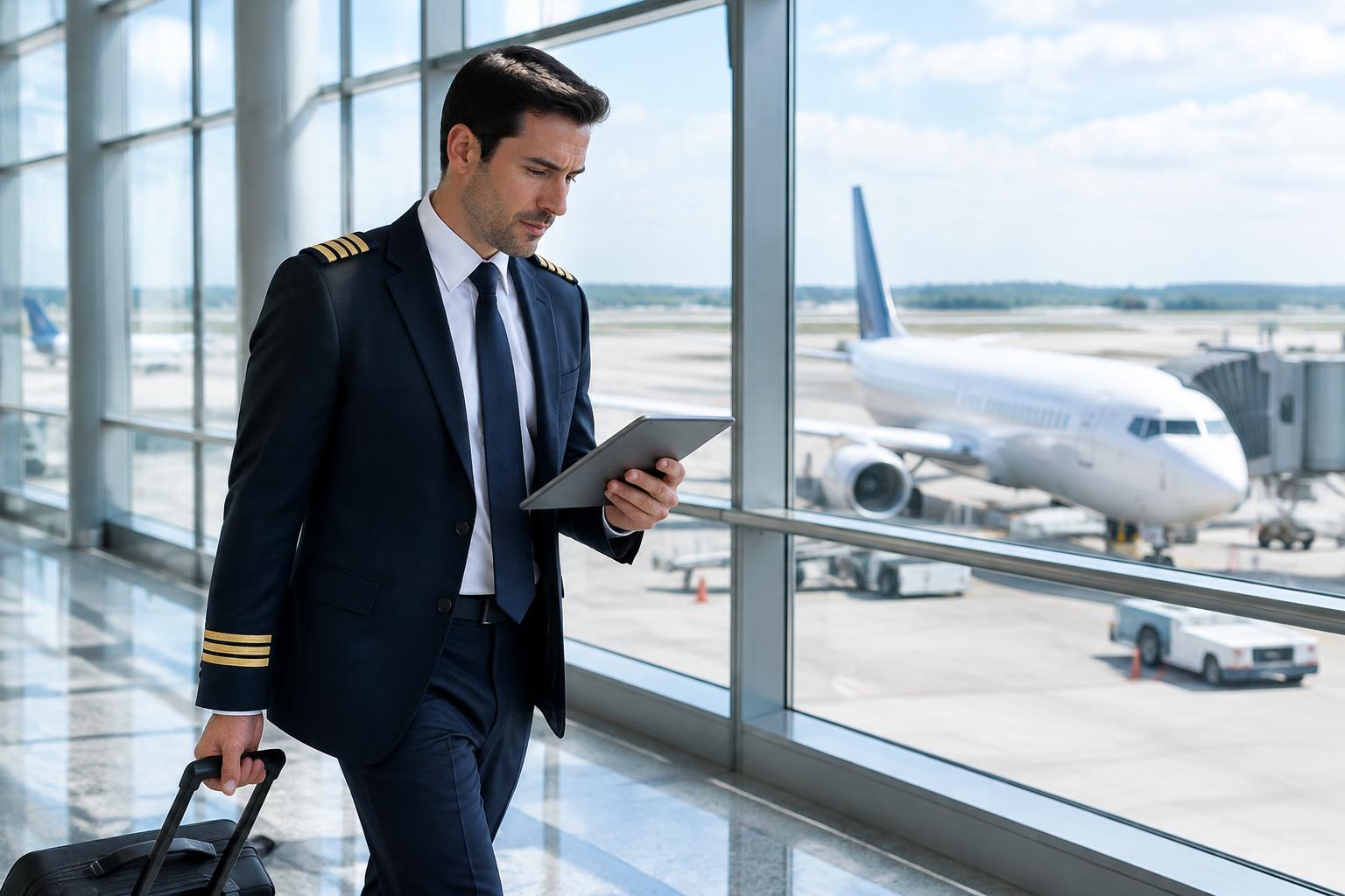 Illustrative commercial airline pilot reviewing a tablet in an airport terminal