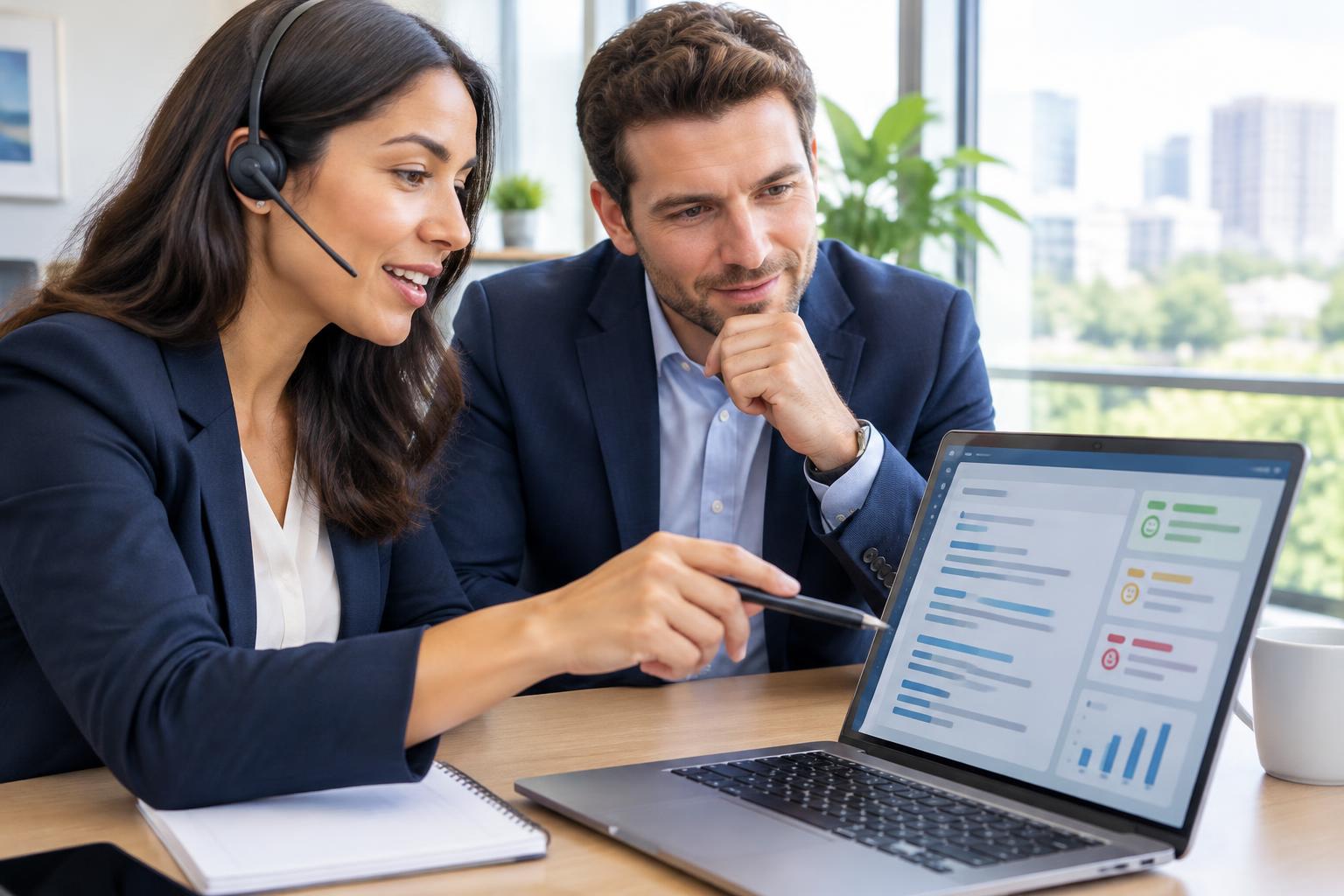 AI-generated illustrative scene of biotech sales professionals reviewing call feedback together