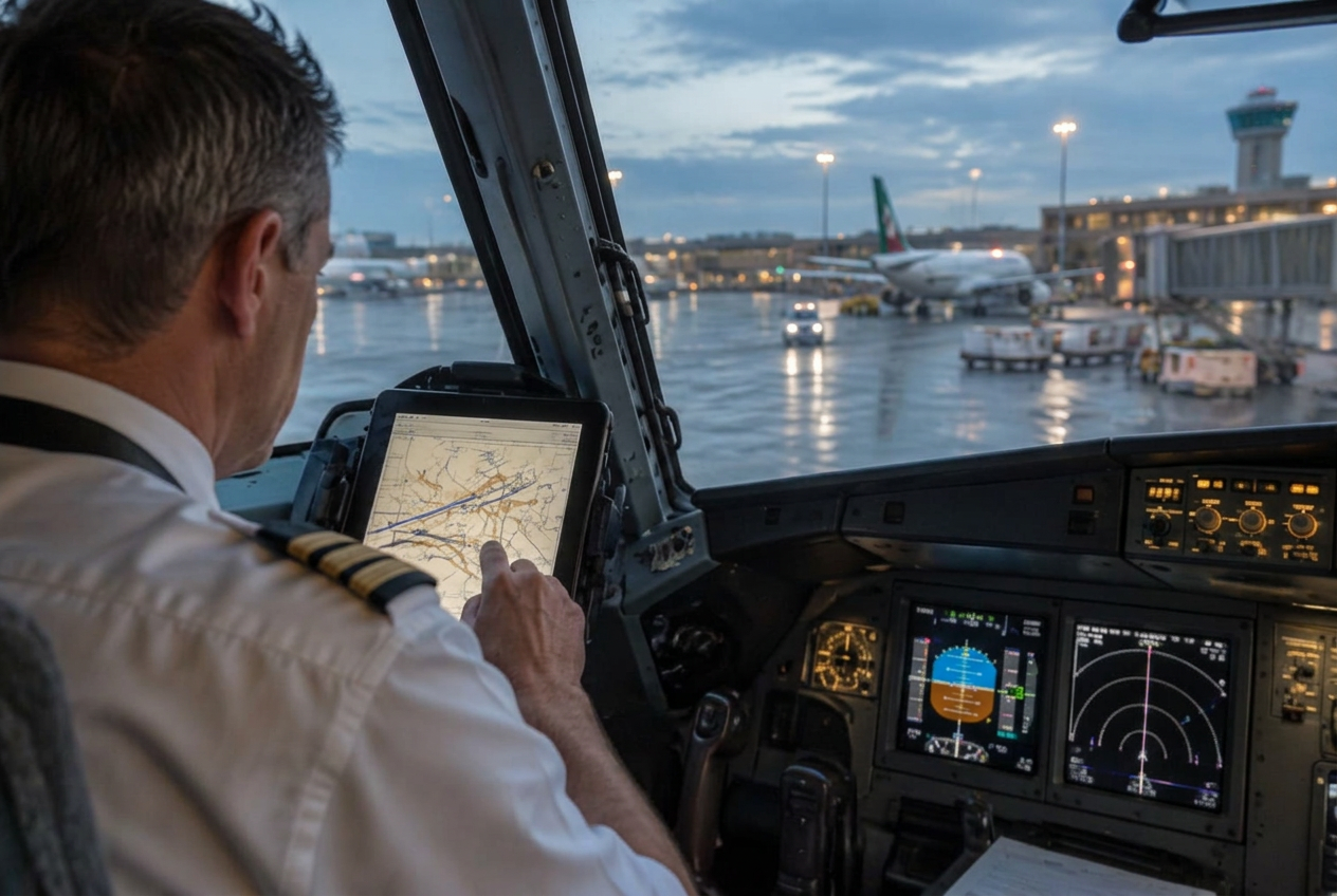 Commercial airline pilot reviewing an Electronic Flight Bag in the cockpit