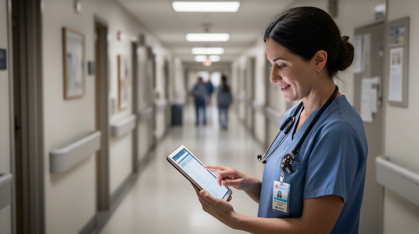 Clinicians reviewing a patient record on a tablet