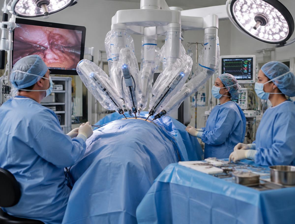 AI-generated illustrative scene of a surgical team performing robot-assisted surgery