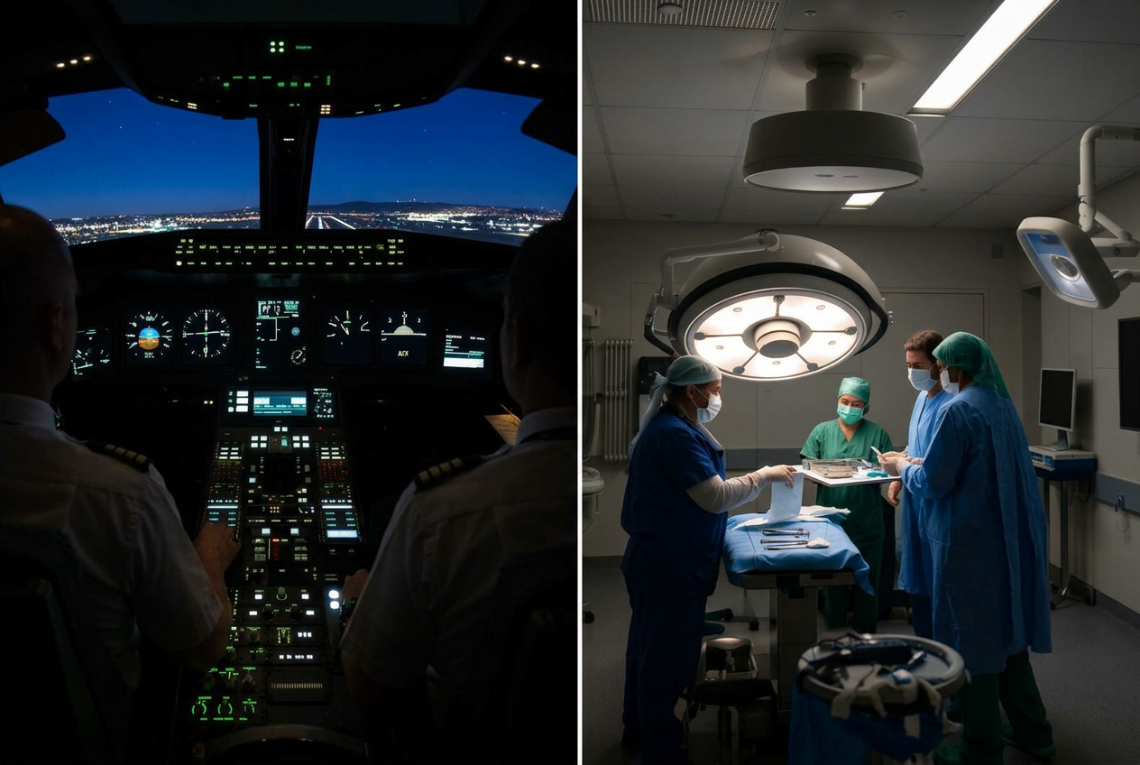 Cockpit and surgical console cues merged in a cross-domain safety-critical setting