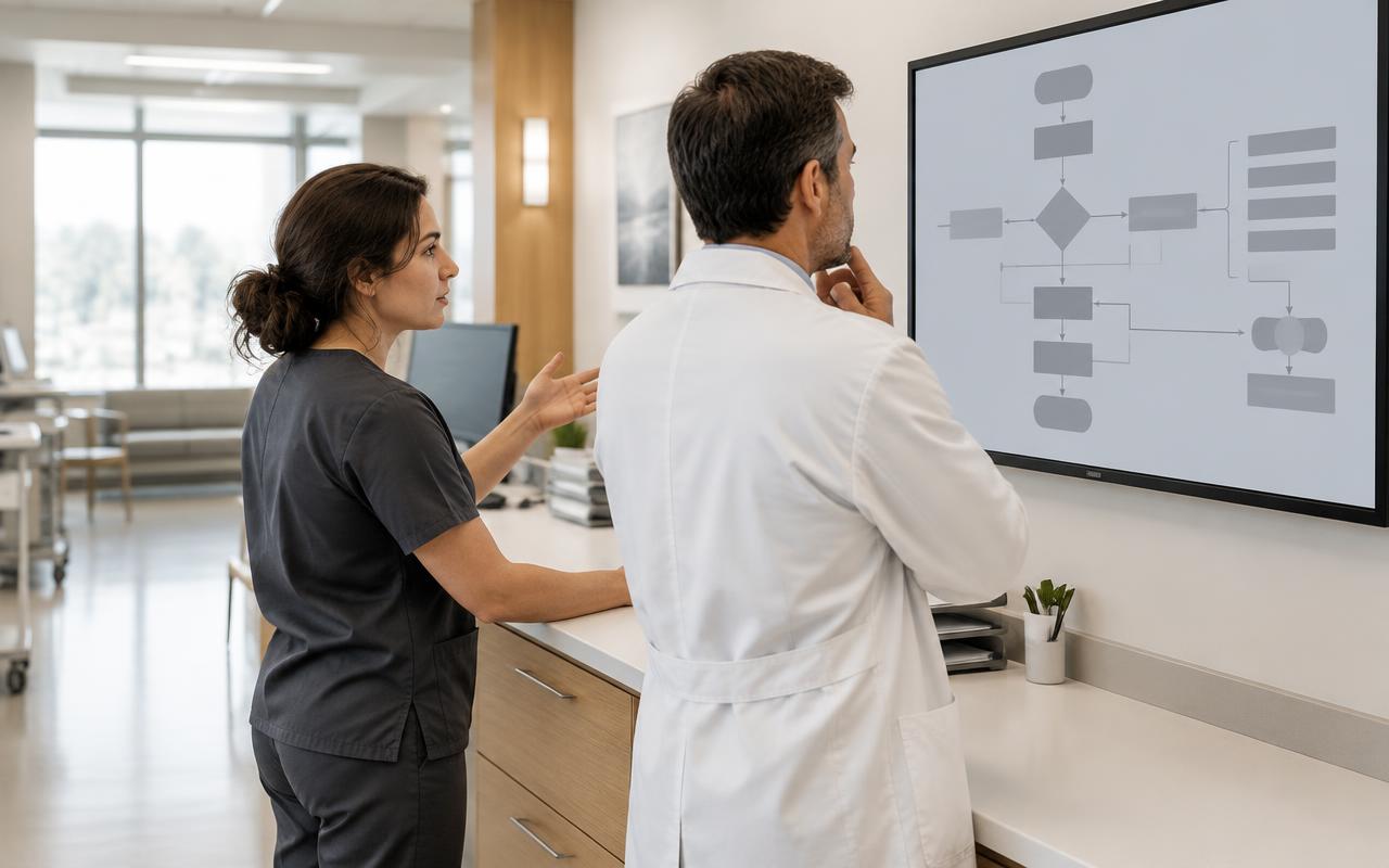 Clinicians reviewing electronic health record workflows at a care station